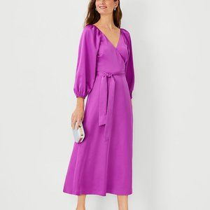 NWT Ann Taylor Petite Satin Wrap Dress in Neon Fuschia
